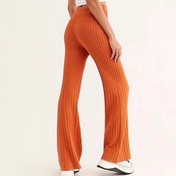 Free People Keep It Real Flare Orange Ribbed Knit Pants - Picture 2 of 4